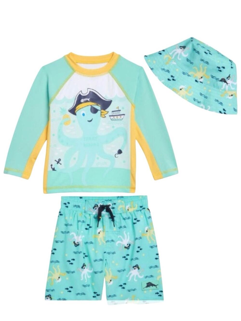 Tommy Bahama Kids Aqua Pirate Octopus Rash Guard Set with Hat Size 4T NWT